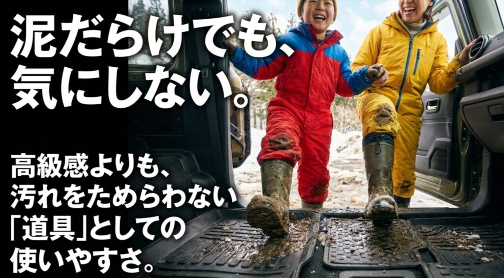 泥汚れを気にせず使えることを強みとして、デリカの内装を道具として評価するスライド