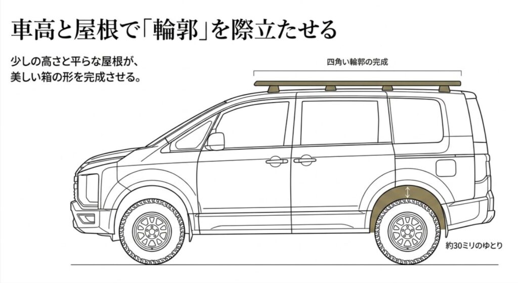 少しのリフトアップとルーフラックで、デリカD5の箱型シルエットを際立たせるイメージ図