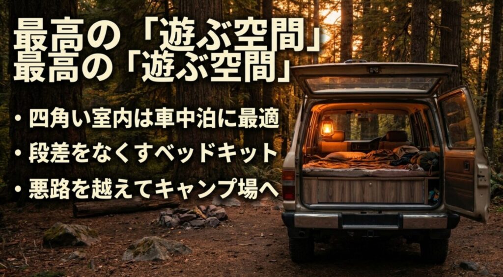 森の中でリアゲートを開けて車中泊仕様になった旧型デリカ風車両と、車中泊やキャンプの魅力を示すスライド