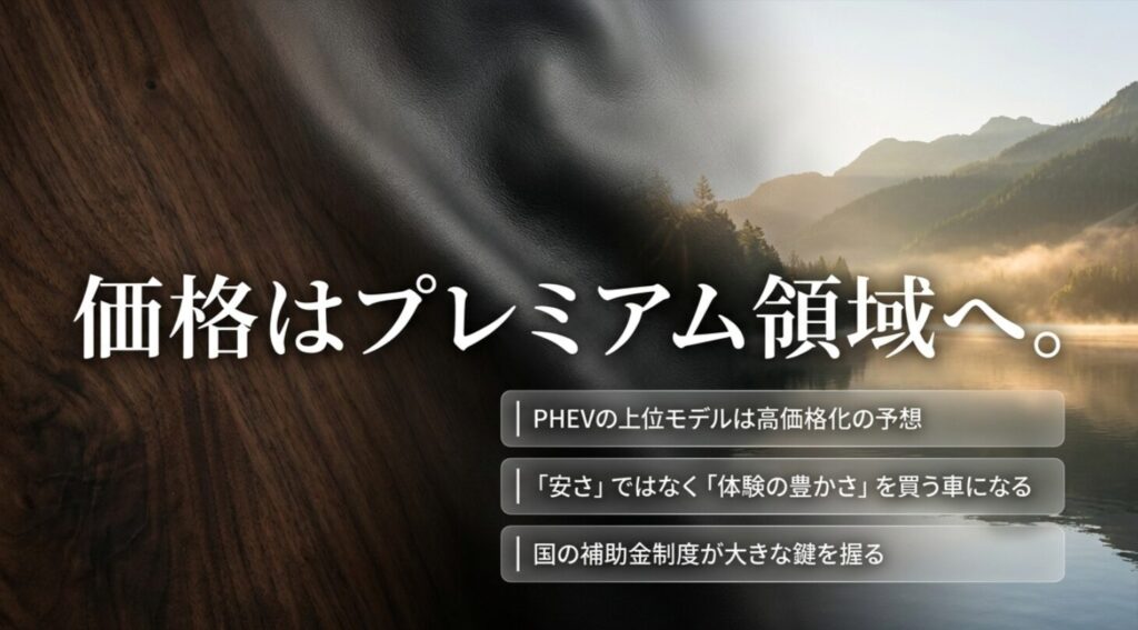 価格はプレミアム領域へ、PHEV上位モデルの高価格化予想と補助金の重要性を示したスライド