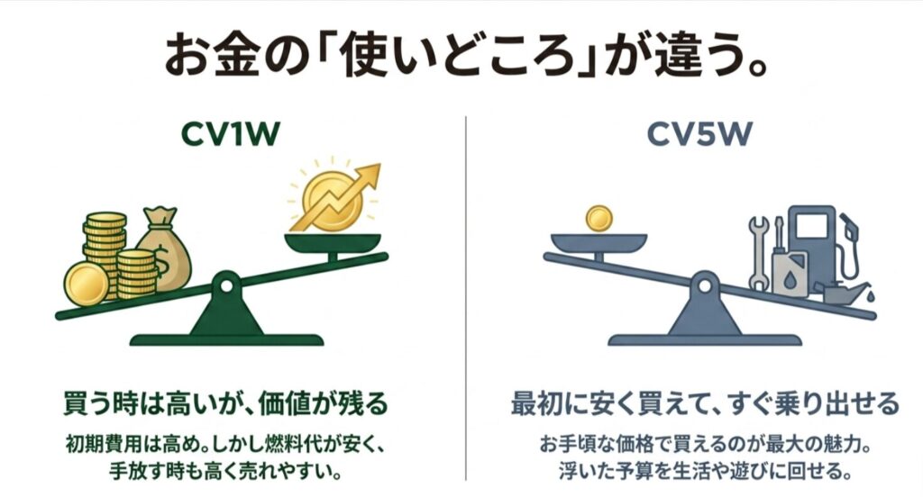CV1Wは購入時は高いが価値が残りやすく、CV5Wは初期費用を抑えやすいことを示した比較スライド