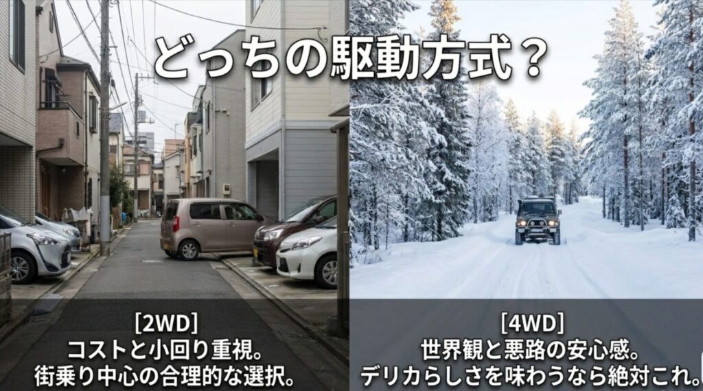 狭い街中と雪道の対比で、2WDと4WDの向き不向きを整理した選択ガイドスライド