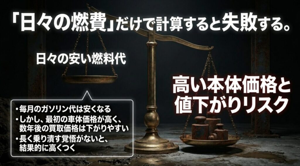 燃料代の安さと本体価格や値下がりリスクを天秤で示した維持費解説スライド