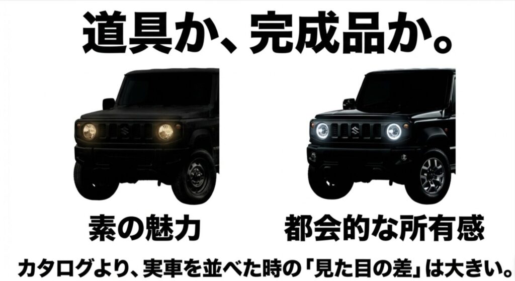 XG風とXC風のジムニーを並べ、素の魅力と都市的な所有感の違いを示した比較スライド