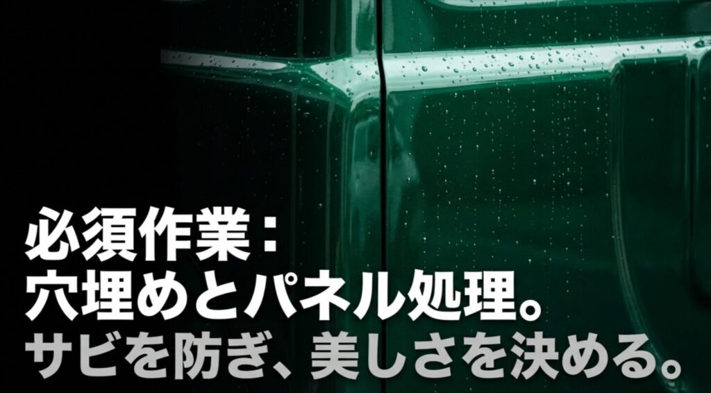 ジムニーのスペアタイヤを外した後は、穴埋めとパネル処理でサビを防ぎ美しさを決める必要があることを示すスライド