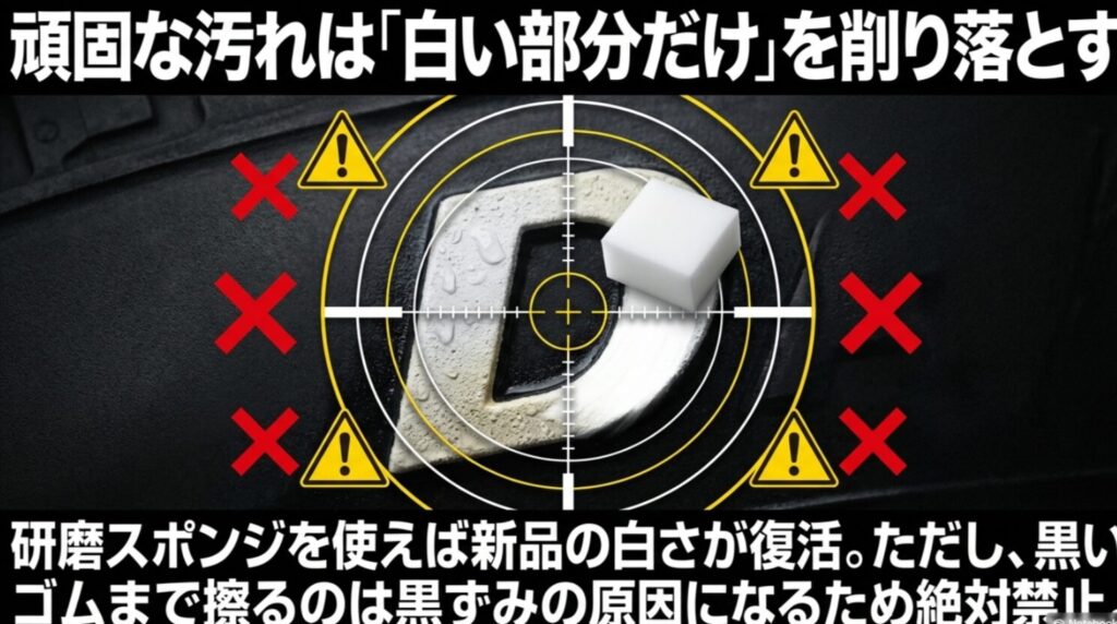 研磨スポンジ（激落ちくん等）で白い部分だけを磨く際の注意点と、黒ずみを防ぐポイントの解説画像
