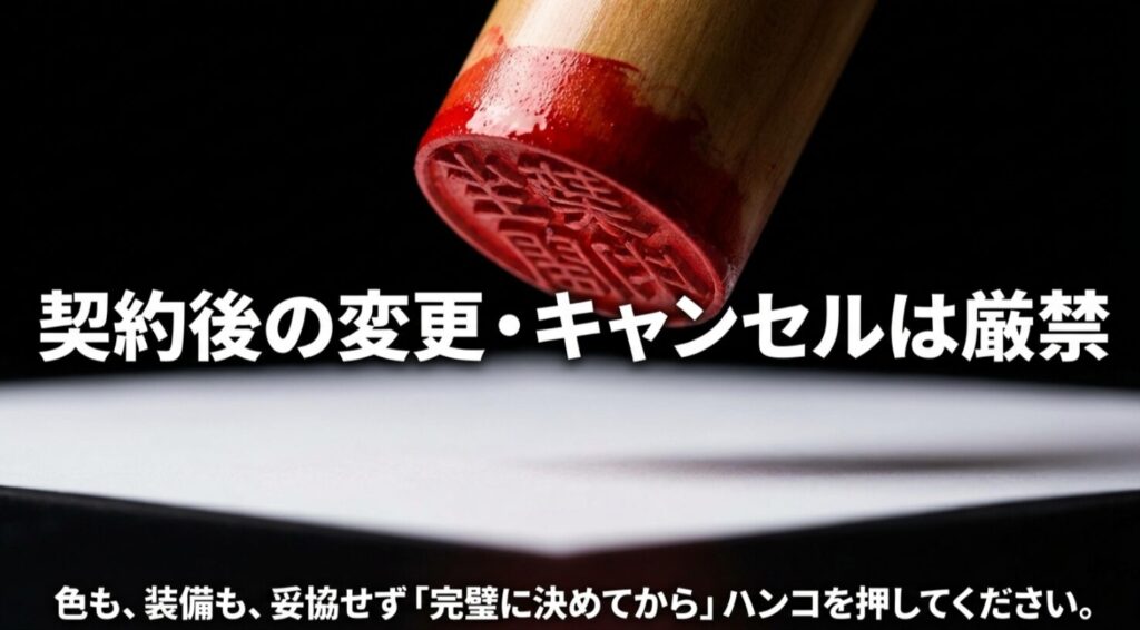 ジムニーノマドでは契約後の変更やキャンセルが厳しいことを示すスライド