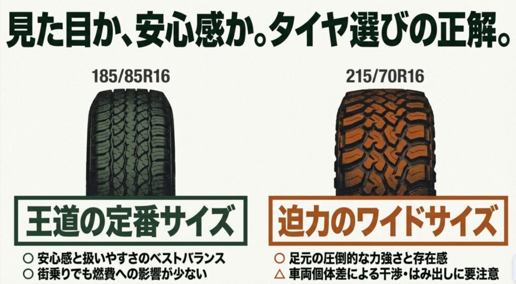 185/85R16を王道の定番サイズ、215/70R16を迫力のワイドサイズとして比較したタイヤ選びのスライド