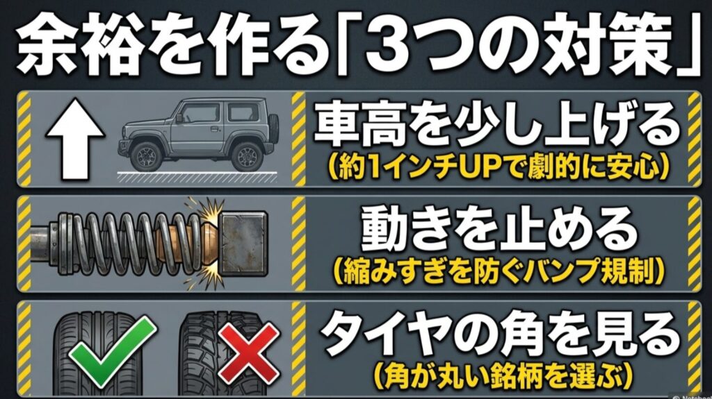 車高アップ、バンプ規制、角の丸いタイヤ選びという3つの対策で185/85R16の干渉リスクを下げる考え方を示したスライド