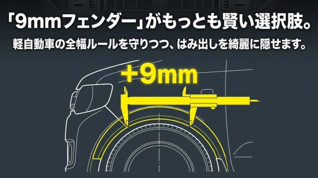 ジムニーの195R16のはみ出しを9mmフェンダーで自然に隠す考え方を示す図