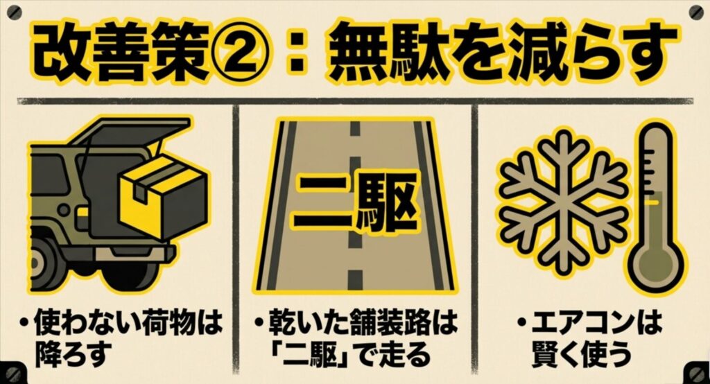 荷物の削減、乾いた舗装路では二駆走行、エアコンの使い方見直しなどの燃費改善策をまとめたスライド