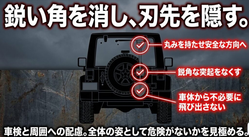 ジムニー後部のシルエット図に沿って、鋭角な突起をなくす、刃先を隠す、車体から不要に飛び出させないという安全対策を示したスライド