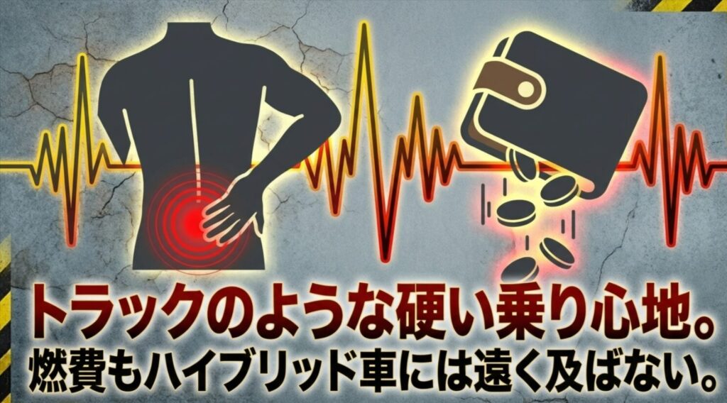 ジムニーMTの硬い乗り心地による腰への負担と、ハイブリッド車に遠く及ばない燃費の悪さを示すスライド画像