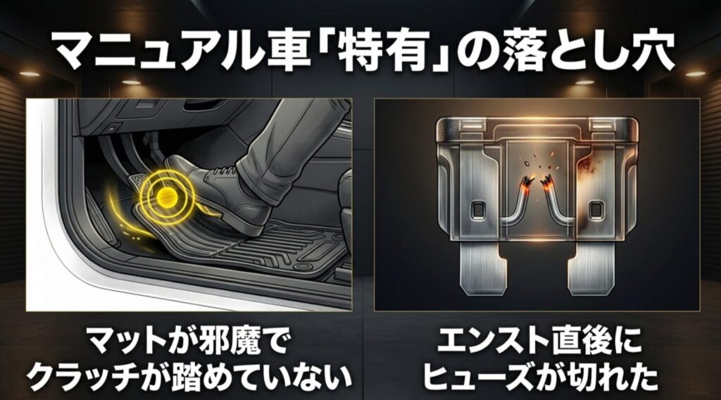 マニュアル車でクラッチが踏み切れていないケースと、エンスト直後のヒューズ切れを示した図