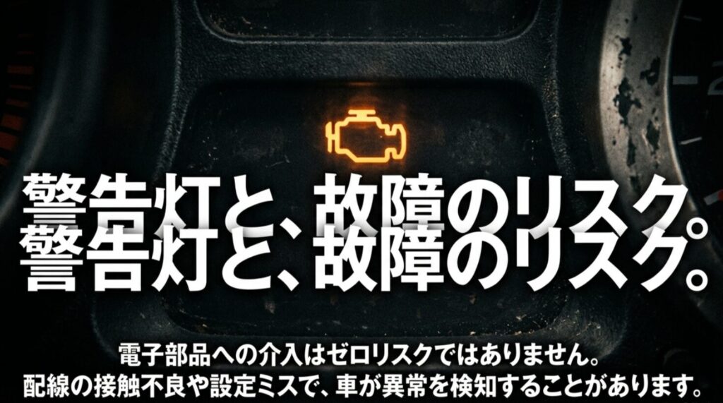 エンジン警告灯の点灯イメージとともに、電子部品への介入はゼロリスクではなく、配線の接触不良や設定ミスで車が異常を検知することがあると説明するスライド