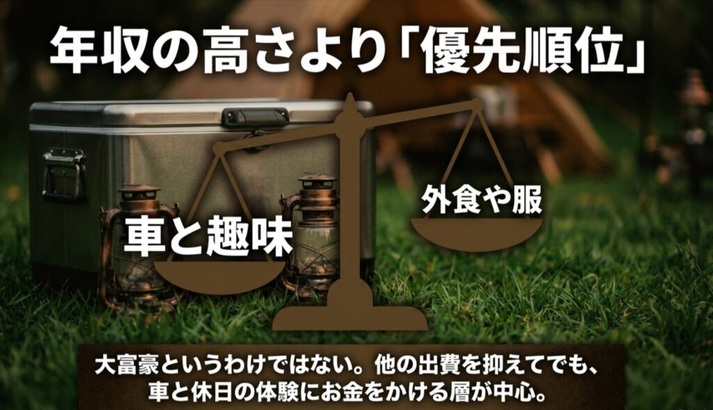 年収の高さよりも、車と趣味への優先順位が高い人にデリカが選ばれていることを示すスライド