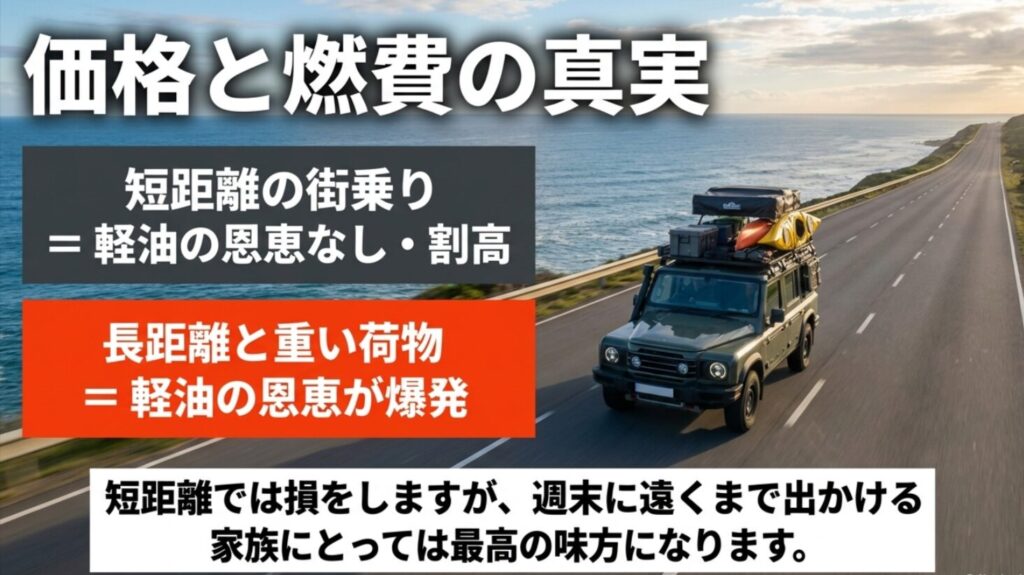 短距離街乗りでは割高になりやすく、長距離と重い荷物では軽油の恩恵が出やすいことを示すスライド