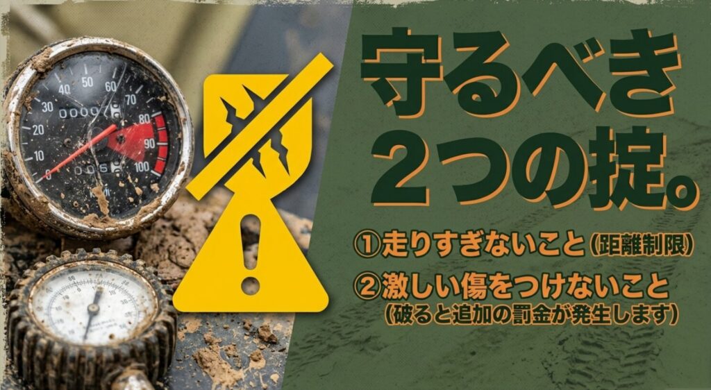  泥で汚れた古いスピードメーターと警告三角マークの画像に、「守るべき2つの掟。①走りすぎないこと（距離制限）②激しい傷をつけないこと（破ると追加の罰金が発生します）」と書かれたスライド