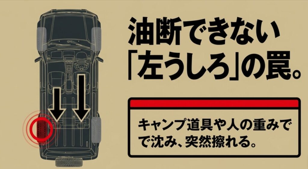 デリカD:5の左リア側は荷物や乗員の重みで沈みやすく、235/70R16装着時に突然干渉しやすいことを示した図