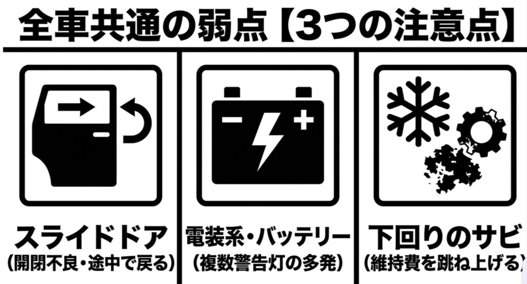 スライドドア、電装系バッテリー、下回りのサビの3つをまとめた共通弱点スライド