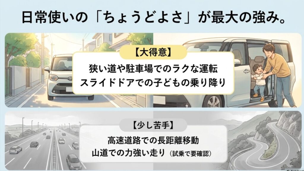 デリカD2が狭い道や駐車場、子どもの乗り降りに強く、高速道路や山道では試乗確認が必要と示すスライド