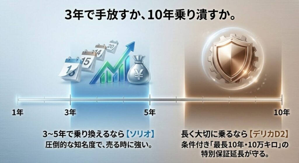 3〜5年の乗り換えではソリオ、10年近い長期保有ではデリカD2が向くと示したタイムライン比較スライド