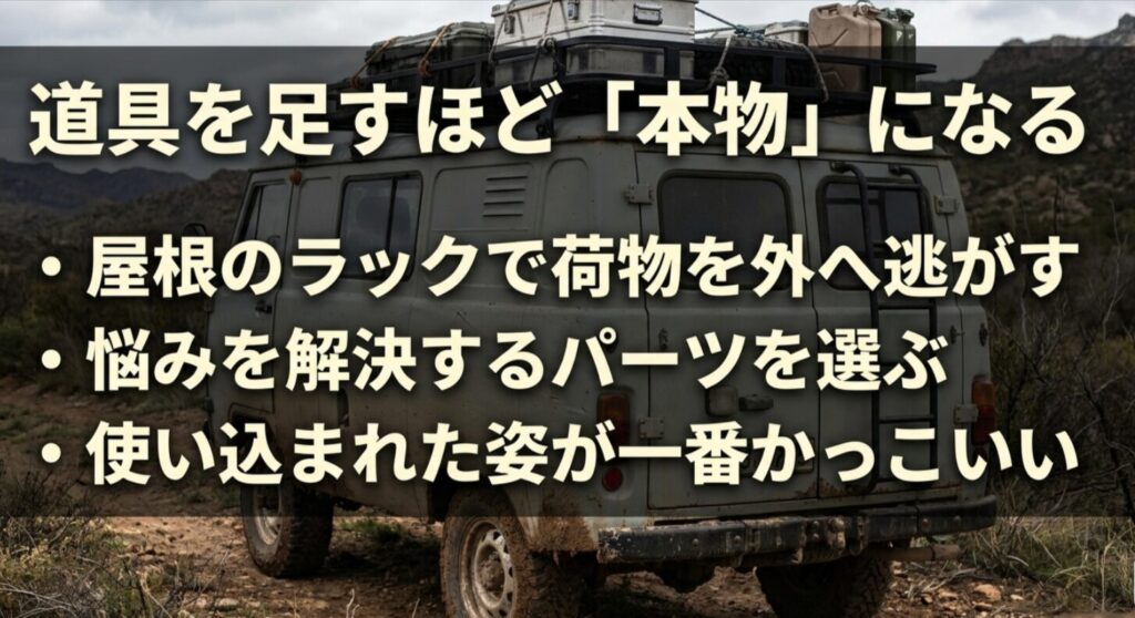 ルーフラックに荷物を積んだ旧型デリカ風4WD車と、ラックや装備が本物感を高めることを説明するスライド