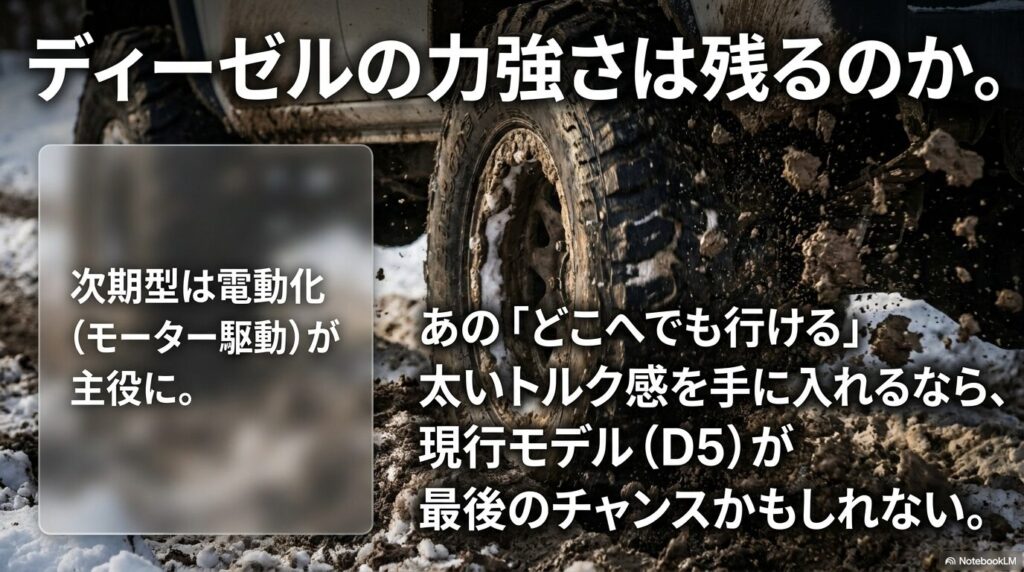 泥を蹴るタイヤを背景に、次期型は電動化が主役だが、現行D5の太いトルク感には今なお魅力があると示したスライド