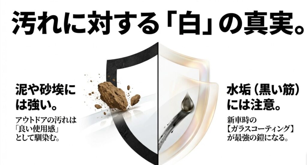 白いジムニーは泥や砂埃はなじみやすい一方で、水垢や黒い筋汚れには注意が必要で、コーティングが有効であることを示したスライド