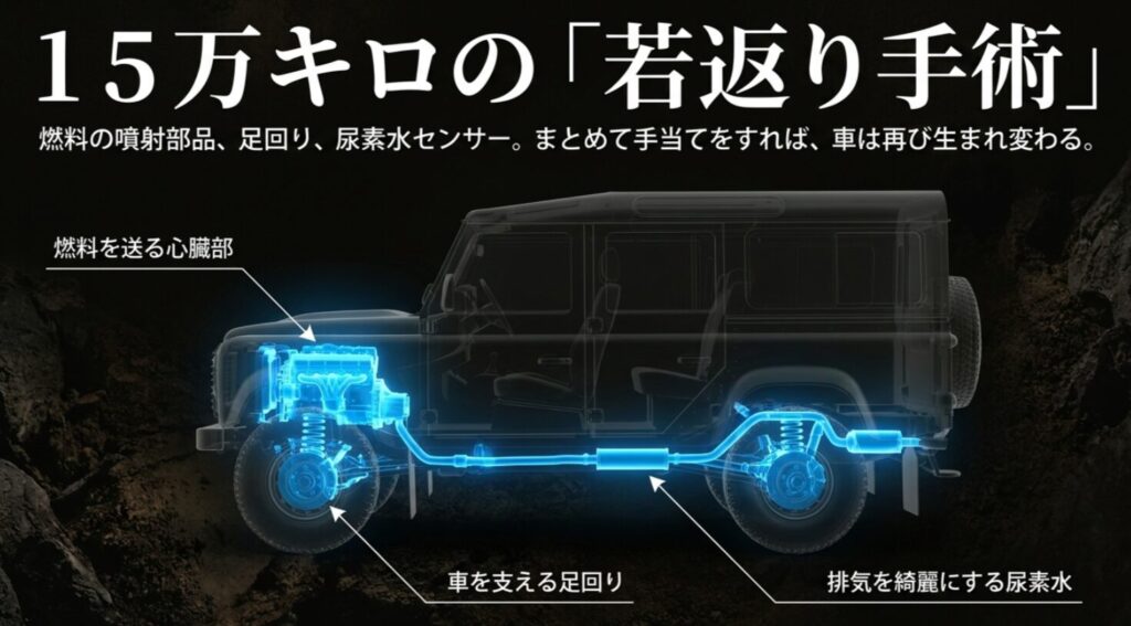 車の透過イメージと主要部品の位置を使い、15万キロで手を入れたい燃料系や足回り、尿素水関連を示すスライド