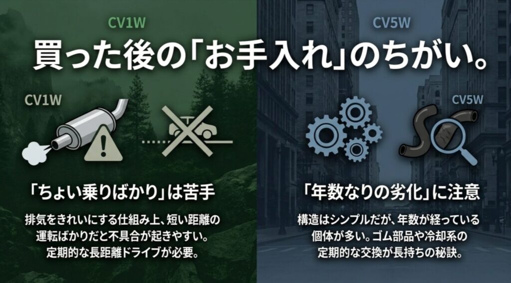 CV1Wは短距離走行に弱く、CV5Wは年数なりの劣化に注意が必要な点を整理した比較スライド