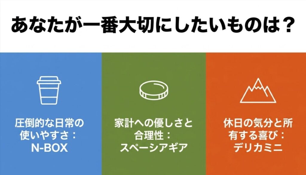 N-BOXは日常性、スペーシアギアは合理性、デリカミニは所有満足という違いを整理した比較スライド