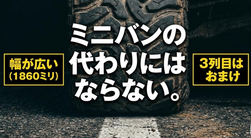 ジープコマンダーは幅が広く3列目は補助席寄りでミニバン代わりにはなりにくいことを示すスライド