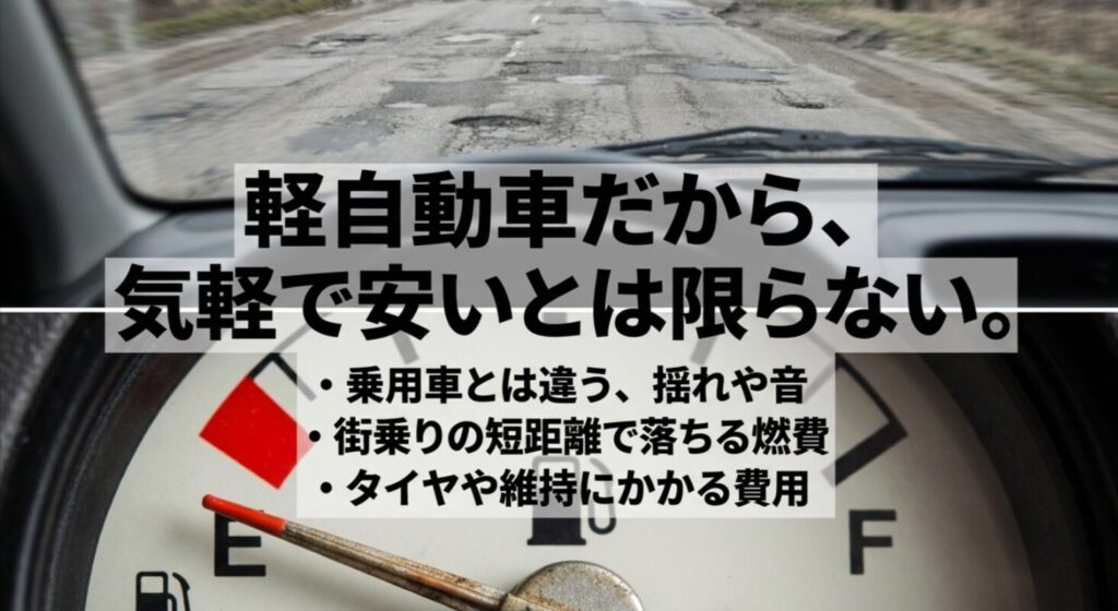 荒れた舗装路の走行シーンと燃料計を背景に、乗り心地や燃費、維持費の現実を示したスライド