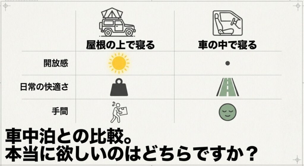 屋根の上で寝る場合と車内で寝る場合を、開放感、日常の快適さ、手間で比較したスライド