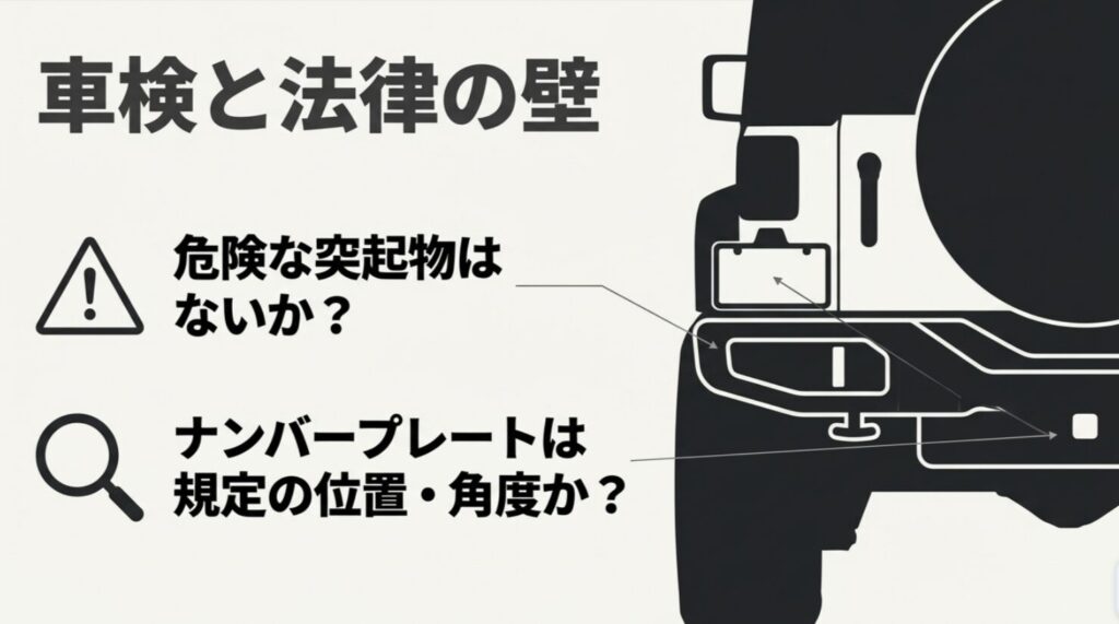ジムニーのスペアタイヤレス化で、危険な突起物の有無とナンバープレートの位置や角度を確認すべきことを示すスライド