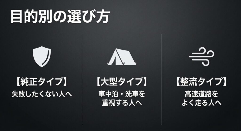 「目的別の選び方」と題したスライド。純正タイプ（失敗したくない人へ）・大型タイプ（車中泊・洗車重視の人へ）・整流タイプ（高速道路をよく走る人へ）の3タイプがアイコンとともに3列で示されている