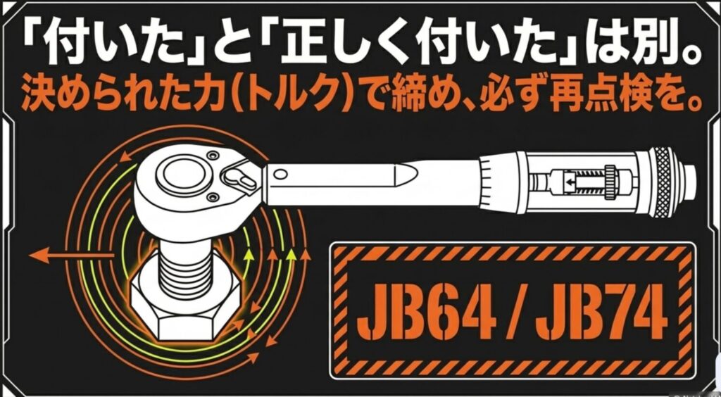 ジムニーの牽引フックは決められたトルクで締め付け、装着後に再点検する必要があることを示すスライド