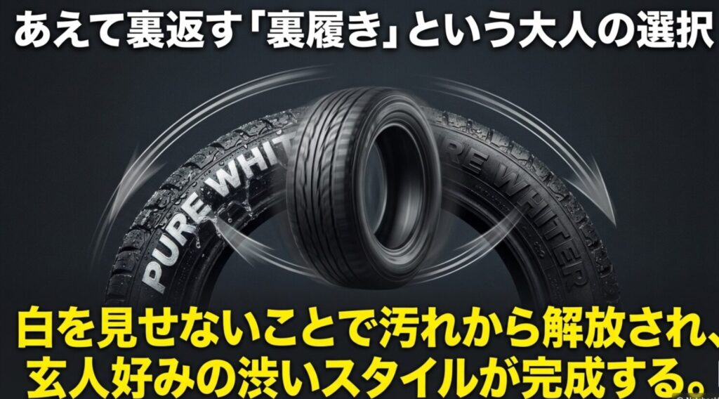 あえて文字を隠す裏履きによって汚れから解放され、渋いスタイルが完成することを提案するスライド