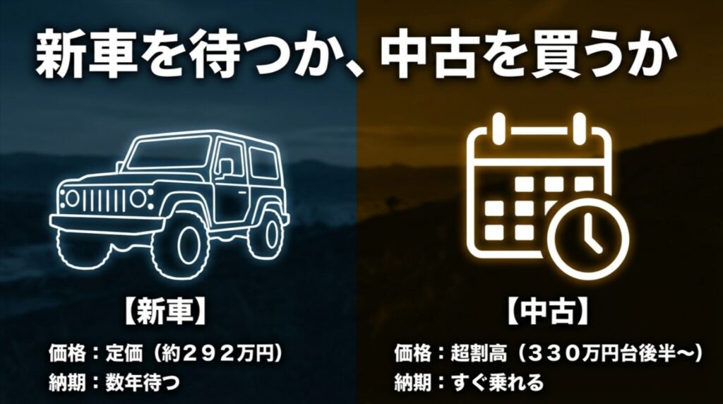ジムニーノマドを新車で待つ場合と中古で買う場合の違いを比較したスライド