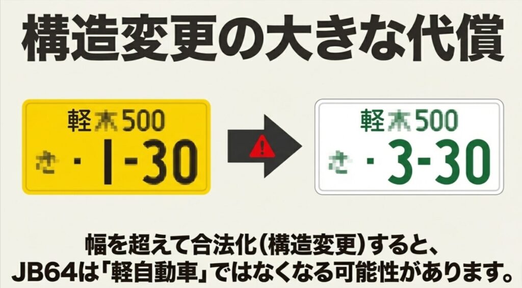 幅を超えて構造変更したJB64が、黄色ナンバーの軽自動車から白ナンバー扱いになる可能性を示した図
