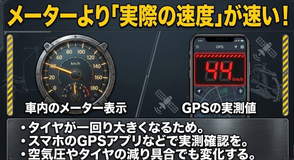 車内メーター表示よりGPS実測値が速くなりやすいことと、確認方法を示したジムニー用スライド