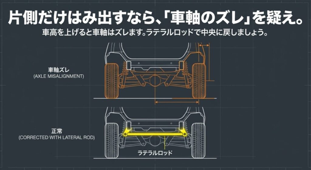 リフトアップ時の車軸ズレとラテラルロッド補正によるセンター出しの違いを示す図