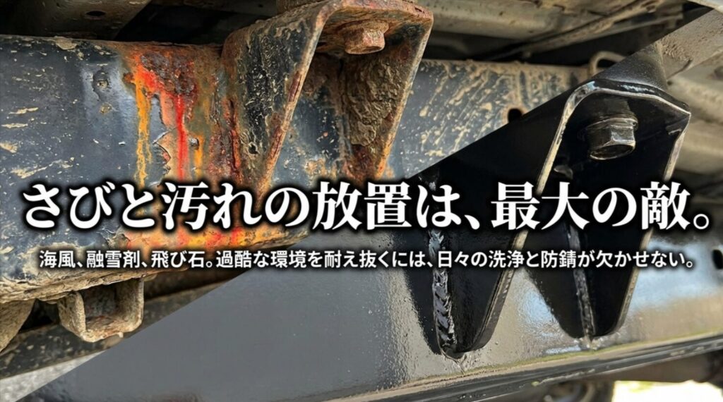 サビが進んだ金具と新しい黒いブラケットを対比し、背面スコップ周辺ではサビや汚れの放置が最大の敵になると示したスライド