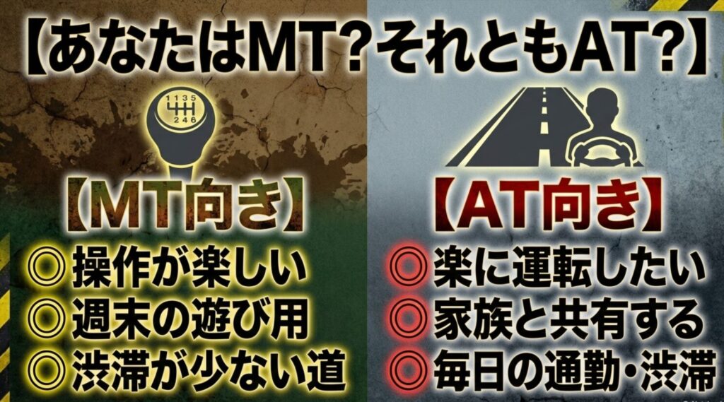 ジムニーのMTに向いている人（操作が楽しい・週末の遊び用・渋滞が少ない道）とAT向きの人（楽に運転したい・家族と共有・毎日の通勤渋滞）を比較したスライド