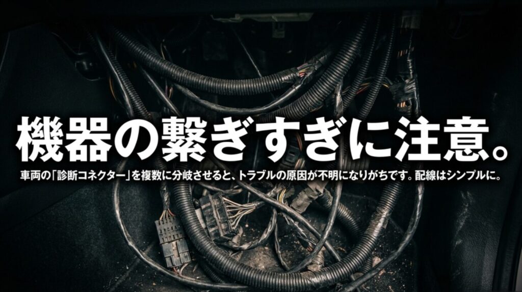 複雑に入り組んだ配線の写真とともに、診断コネクターへ複数の機器を接続するとトラブルの原因特定が難しくなり、配線はシンプルに保つべきだと示すスライド