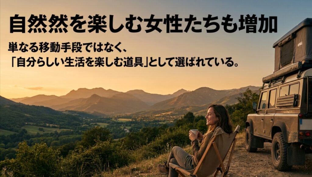 自然を楽しむ女性オーナーが増えており、デリカが自分らしい生活を楽しむ道具として選ばれていることを示すスライド