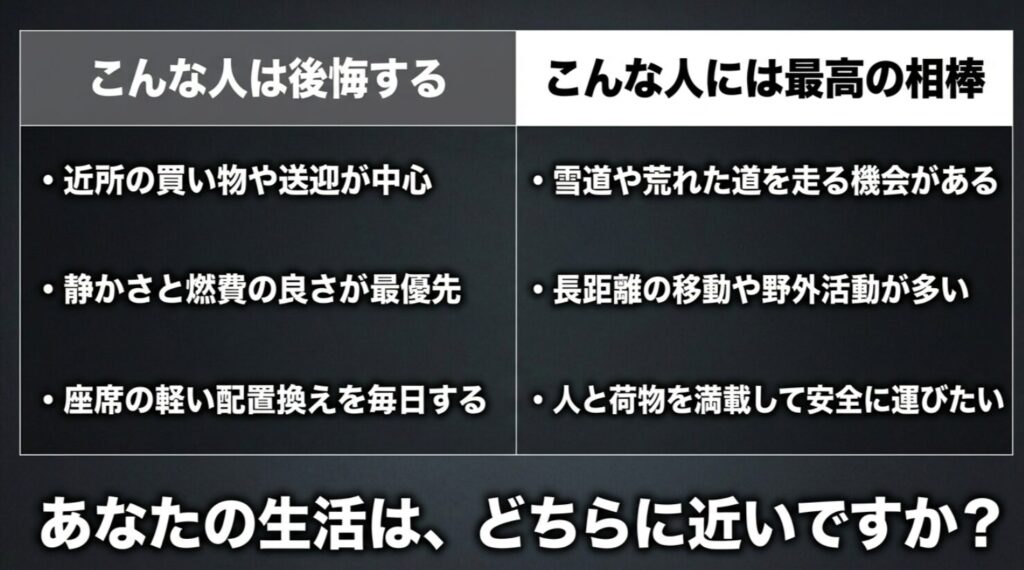 近所使い中心で後悔しやすい人と、雪道や長距離移動で満足しやすい人を比較したスライド