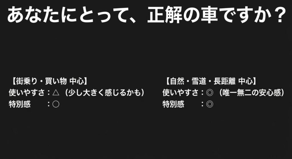 街乗り中心と自然雪道長距離中心の2つの使い方で、デリカD6が正解の車かどうかを比較したスライド