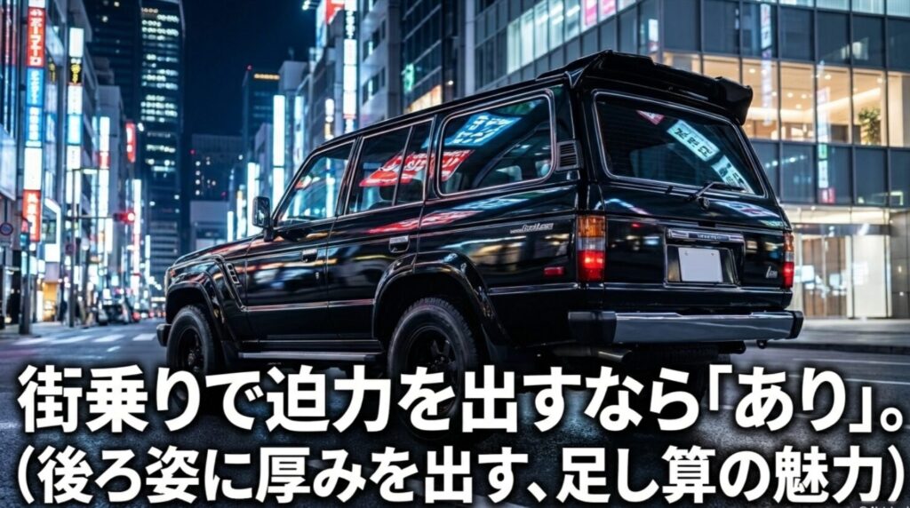 都会の街並みを背景にした車両後方イメージで、アーバン寄りのデリカにはリアスポイラーありが映えることを示すスライド